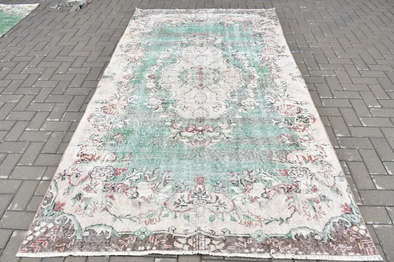 Turkish 5.3x9.6 ft Rug, Large Vintage Rug, Green Red Check Wool Rug - 1