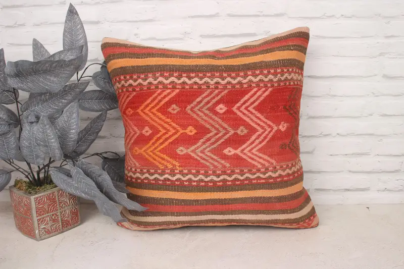 Vintage Pillow, Cushion Case, Boho Throw Cushion Cover, 20x20 Red Pillow Sham, Pillow for Couch, Vintage Kilim Throw Pillow - 1
