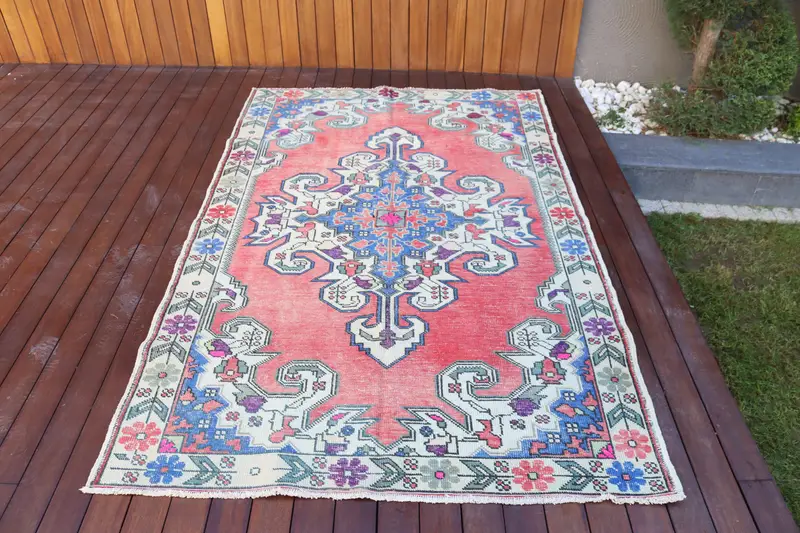 Turkish Rug, Area 4.5x7.2 ft Rug, Oushak Red Check Rug - 1