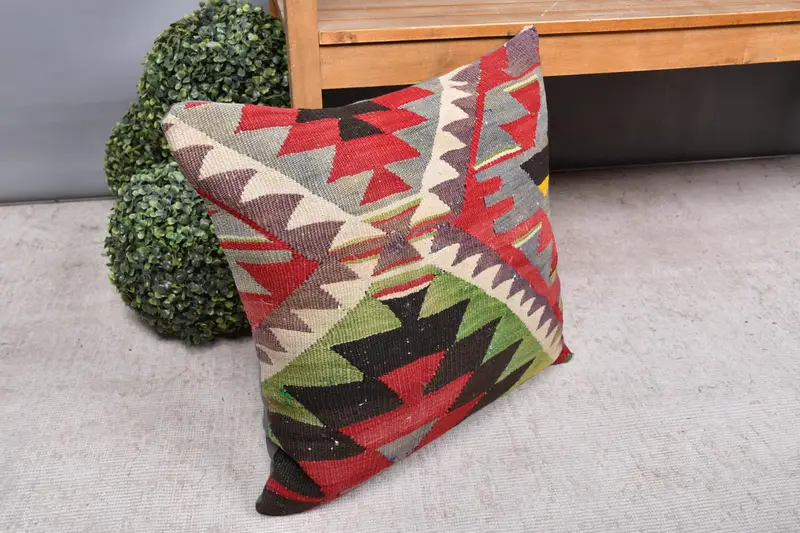 Antique Pillows, Tribal Pillow, 20x20 Red Cushion Cover, Throw Kilim Pillow, Ikat Pillow Sham, Muted Cushion, Vintage Kilim Pillow, Pillow Case - 7