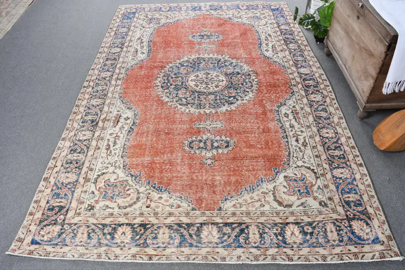Handmade Red & Blue Rug, 0.6x0.9 ft Bordered Design