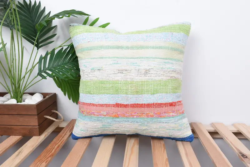 Handmade Rug Seat Pillow Cover, 18x18 Green Pillow Sham, Ottoman Cushion Case, Cushion, Home Decor Pillow, Vintage Pillow, Boho Pillow - 1