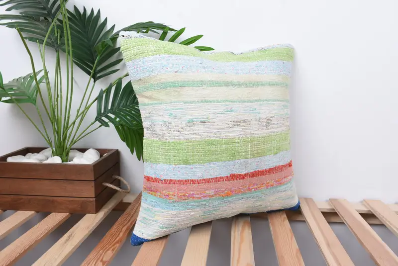 Handmade Rug Seat Pillow Cover, 18x18 Green Pillow Sham, Ottoman Cushion Case, Cushion, Home Decor Pillow, Vintage Pillow, Boho Pillow - 4