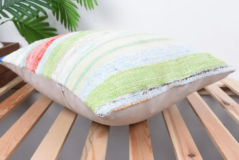 Handmade Rug Seat Pillow Cover, 18x18 Green Pillow Sham, Ottoman Cushion Case, Cushion, Home Decor Pillow, Vintage Pillow, Boho Pillow - 6