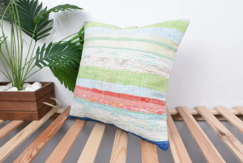 Handmade Rug Seat Pillow Cover, 18x18 Green Pillow Sham, Ottoman Cushion Case, Cushion, Home Decor Pillow, Vintage Pillow, Boho Pillow - 5
