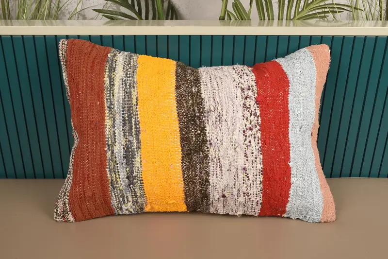 Striped Red Vintage Pillow Case, Antique 16x24 inch Wool Cushion Cover - 1