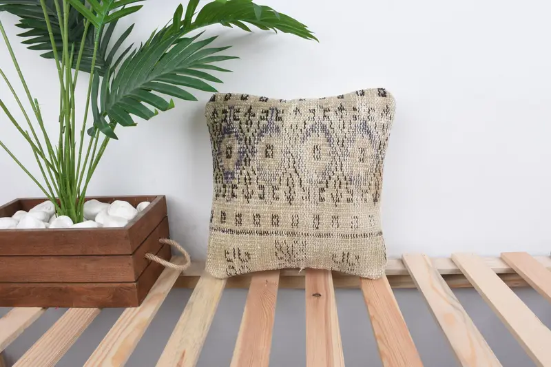 Kilim Cushion Sham, 12x12 Beige Pillow, Home Decor Pillow, Cushion, Interior Designer Pillow, Yoga Pillow Cover, Oriental Cushion, Garden Pillow - 1