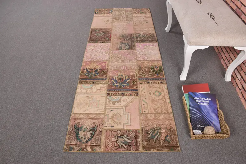 Vintage Runner Rug 2.5x6.8 ft, turco Oushak Brown Plantas y árboles Alfombra de lana - 1