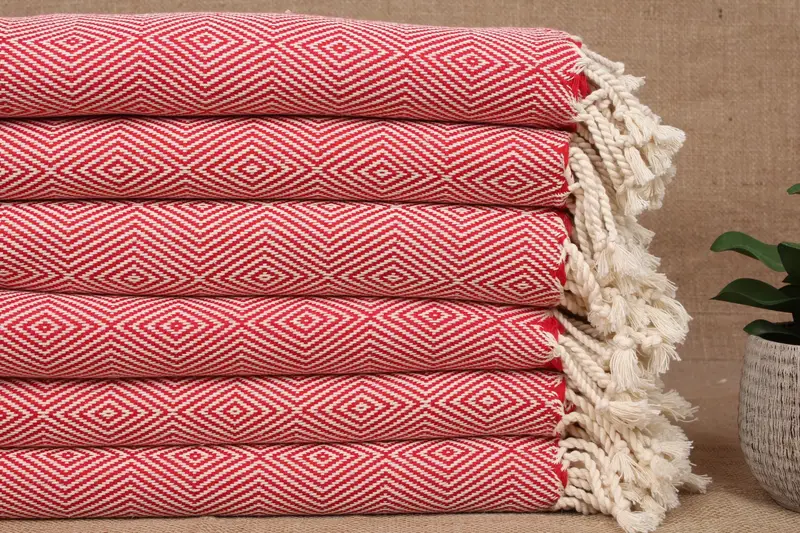 トルコビーチタオル レッドダイヤモンド、ベージュ、オーガニックコットン、40x74インチ