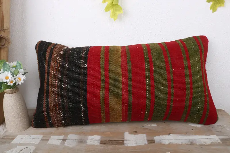 Chair Cushion Case, Interior Designer Pillow, Outdoor Patio Cushion, Pillow, Turkish Pillow, 12x24 Red Cushion Cover, Vintage Kilim Pillow - 2