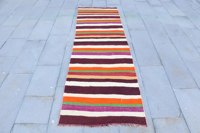 2.5x8 ft Kilim Halı, Türk Vintage Halı, Kırmızı Mor Güneybatı Halısı - 1