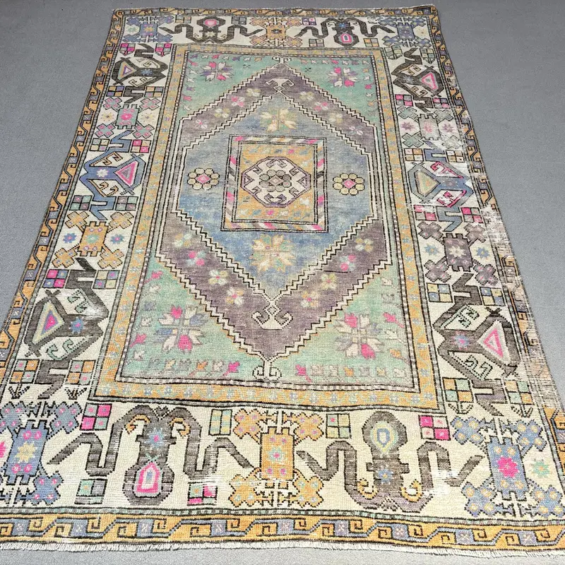 Blue & Green Rug, 4,3x8,4 ft Geometric Floral Design