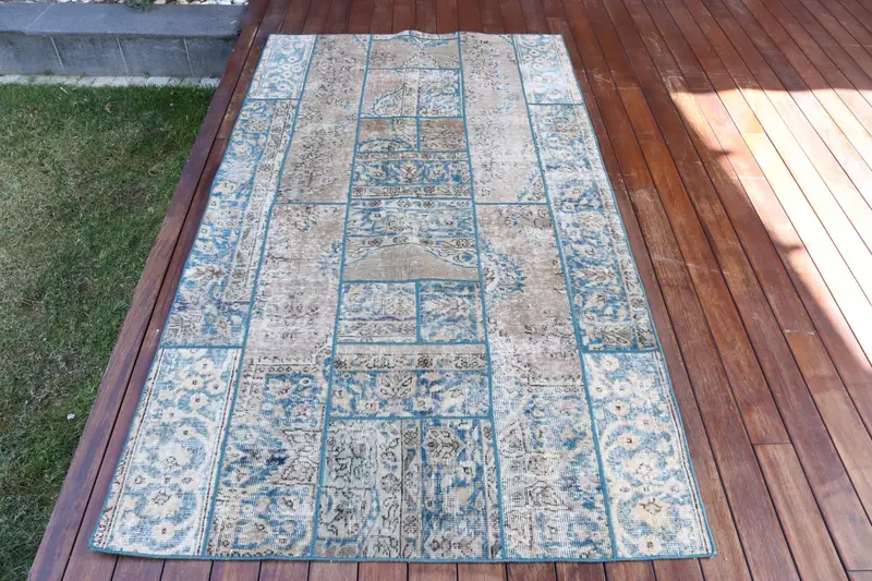 El Yapımı Mavi Güneybatı Halısı, 4x7,2 ft Zarif Dekor