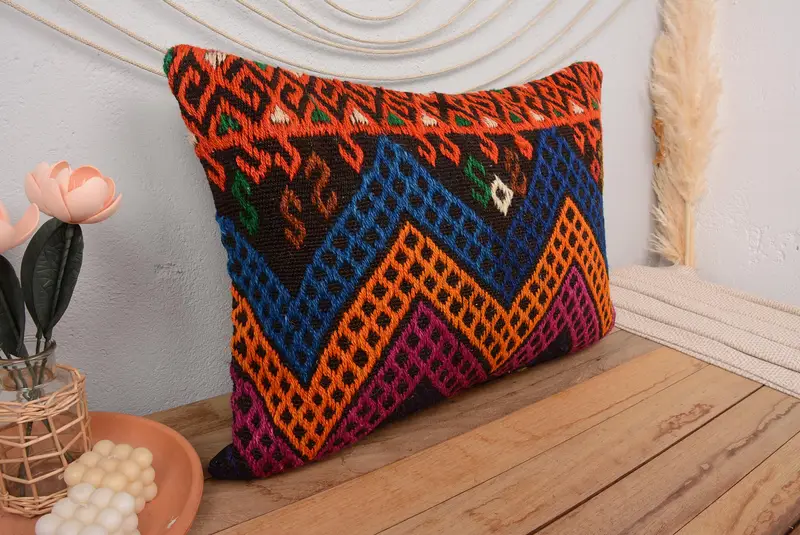 Geometrisches Leinen-Wurfkissen in Orange und Bronze, handgefertigtes Vintage-Kissen