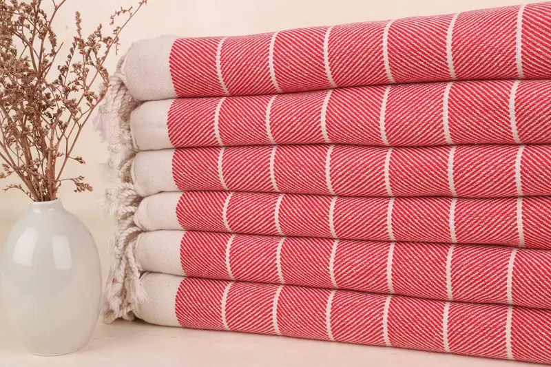 Turkish Beach Towel Red Herringbone Cotton, 40x71 Inches