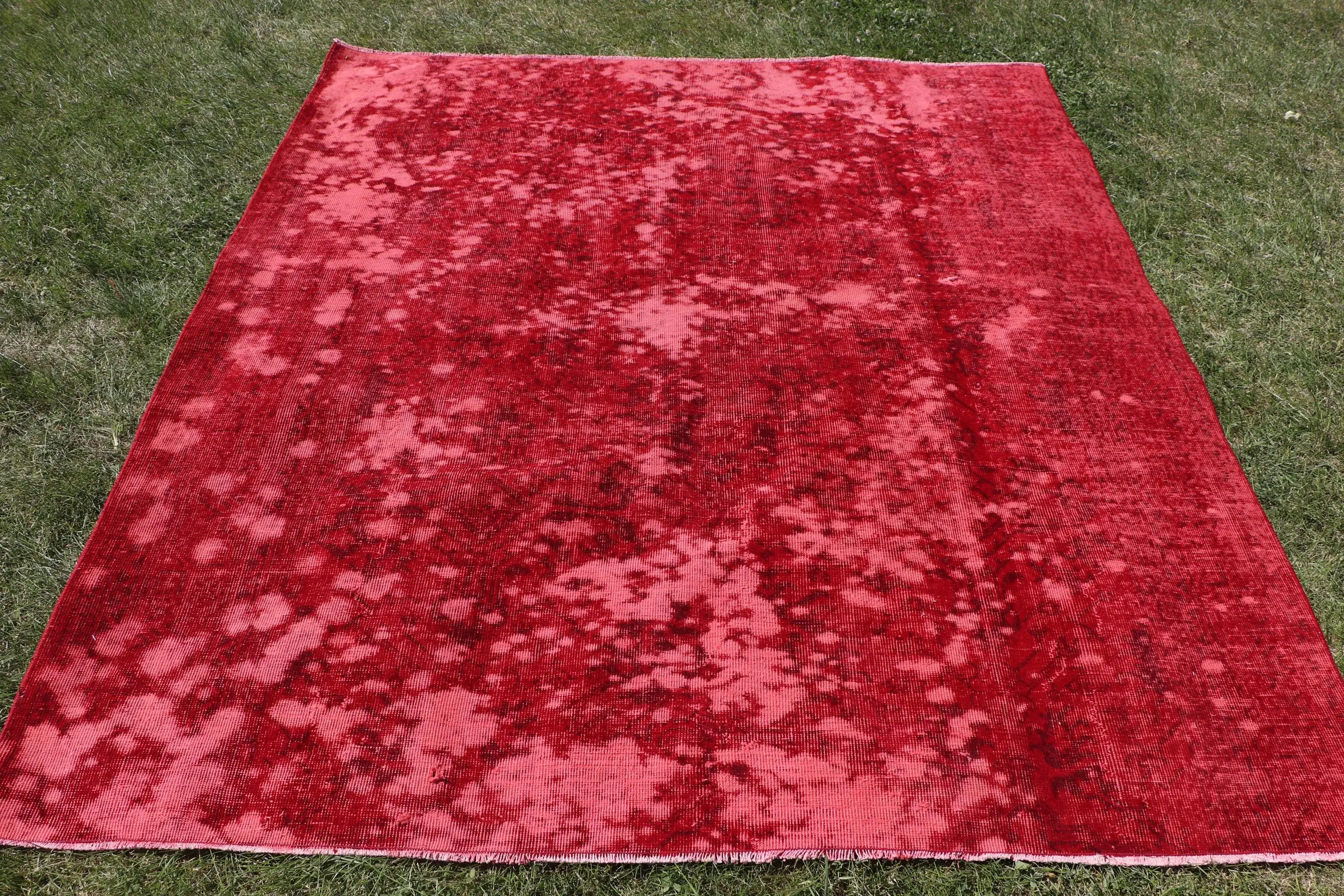 6x6.7 ft Vintage Türk Halısı, Büyük Halı, Kırmızı Siyah Çizgili Yün Halı - 1