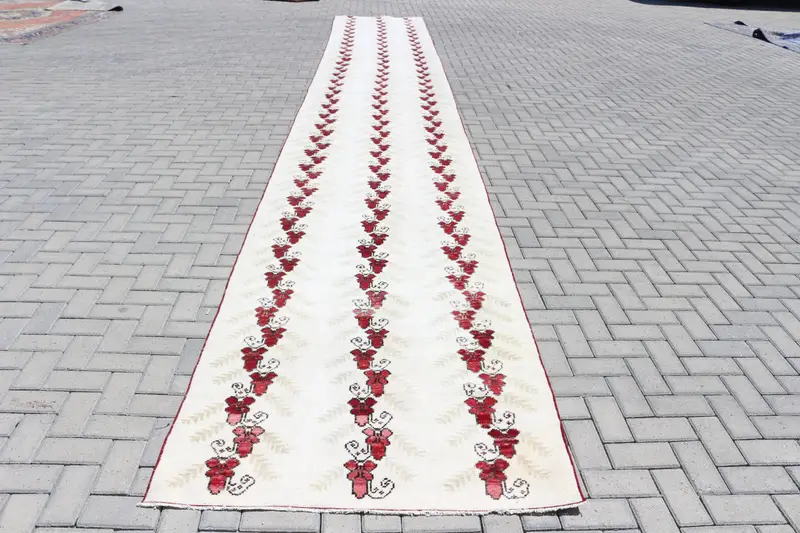 Turkish Vintage Oushak Runner Rug 3.8x26.5 ft, White Floral Rug Wool - 1