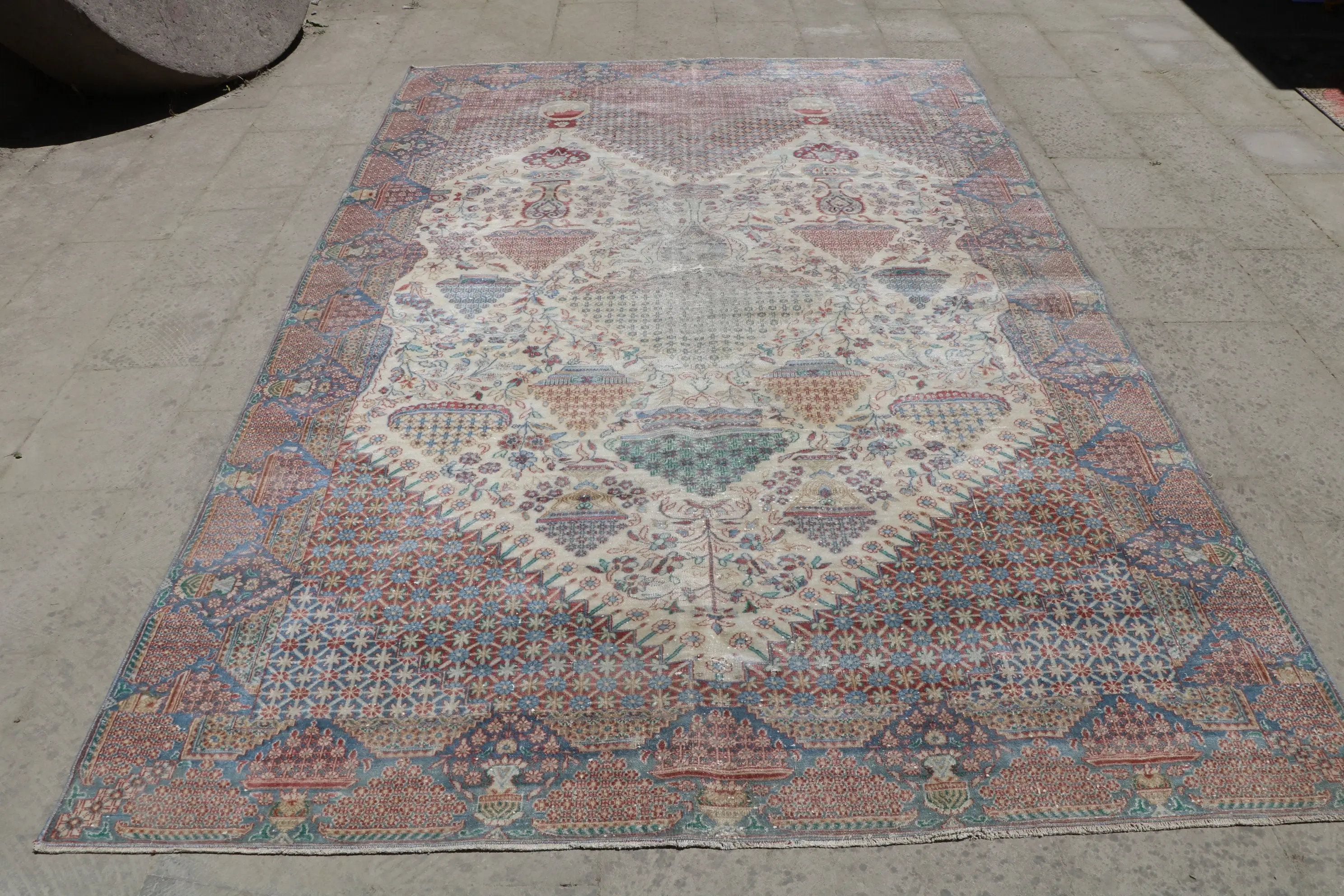 Vintage Teppich 6,4x9,8 ft, blau rot floraler türkischer Wollteppich - 1