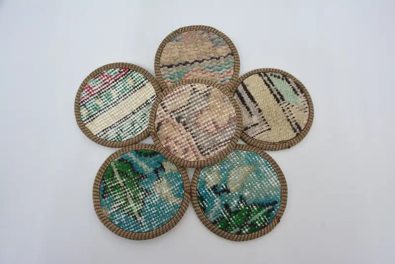 ブルーとベージュのキリムコースター、エスニックトルコ敷物コースター