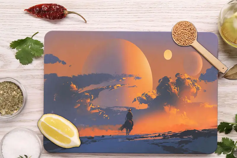 サンセットホース抽象ガラスカッティングボード、コンテンポラリーキッチンエッセンシャル