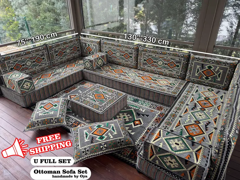 レッド & グレー ウール ブレンド オットマン ソファ セット、キリム風のモジュール式オットマン