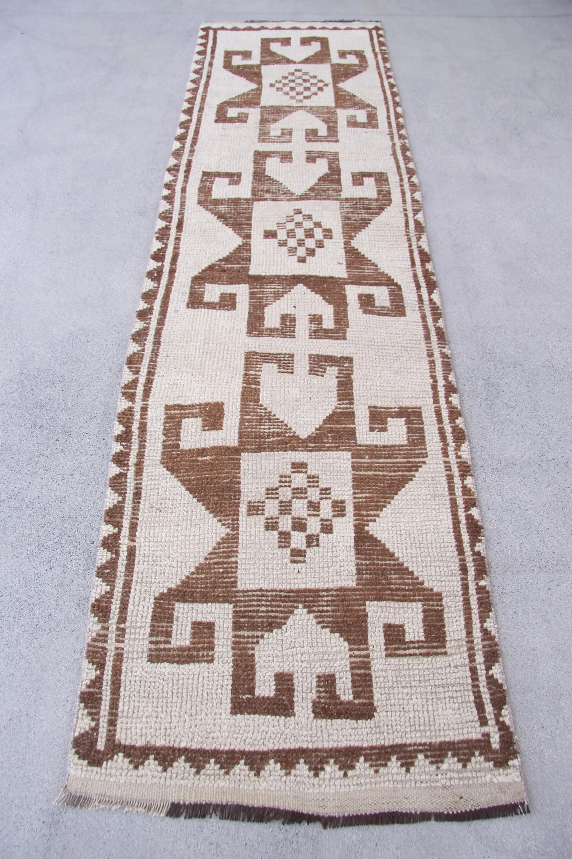 2.9x11.1 ft Herki Turkish Rug, Brown Bordered Vintage Rug Wool - 1