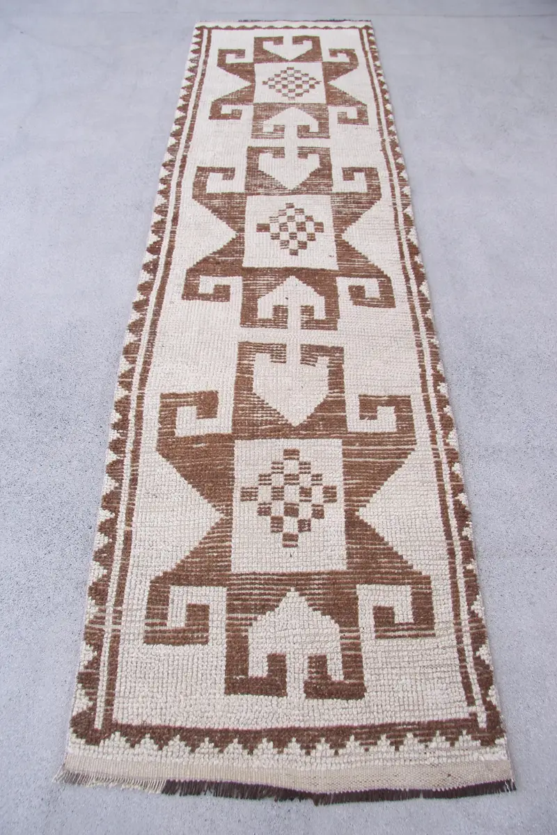 Elegant Beige Rug, 2,9x11,1 ft Bordered Design