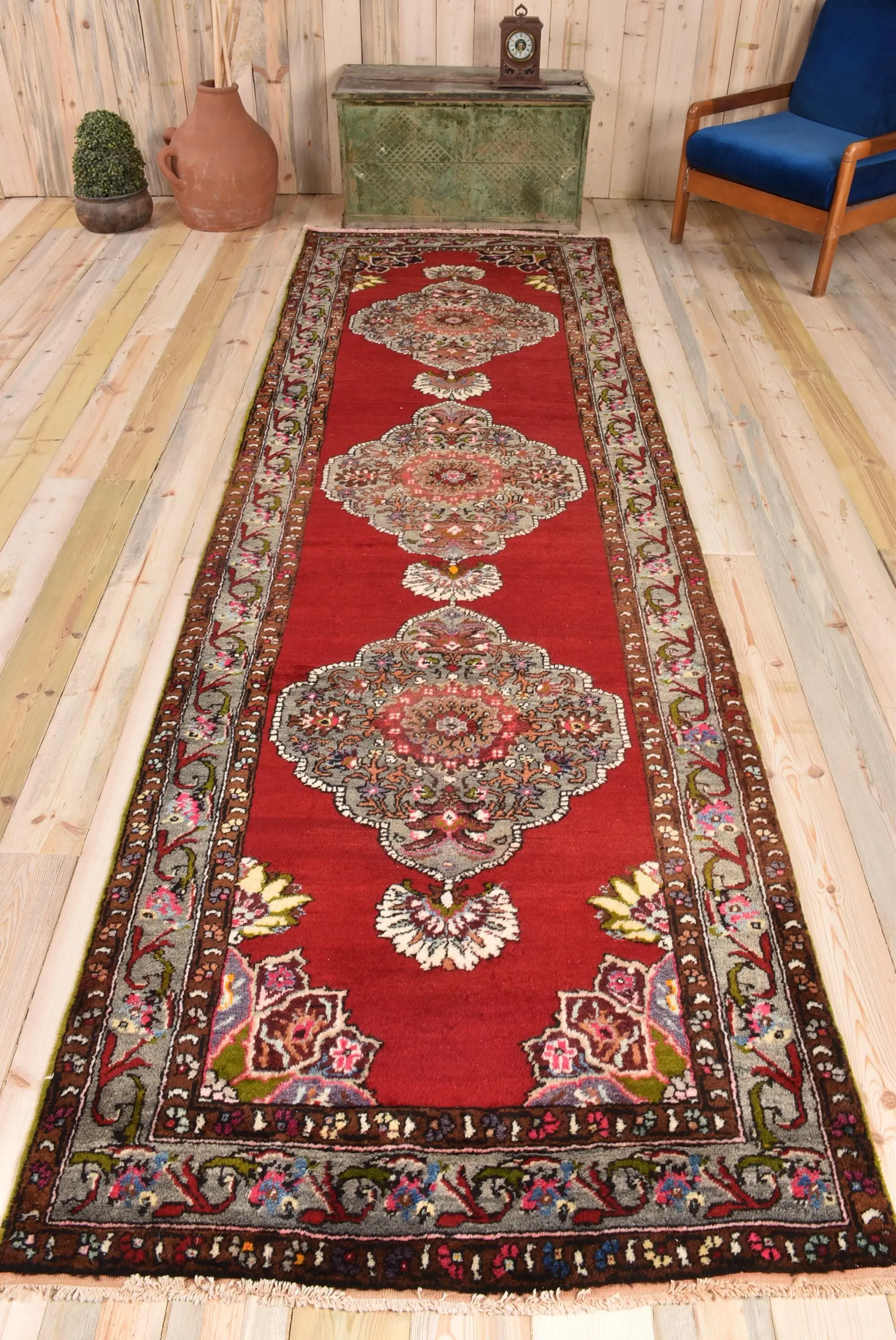Turkish Rug, 3.7x11.7 ft Vintage Rug, Red Plants & trees Wool Rug - 1