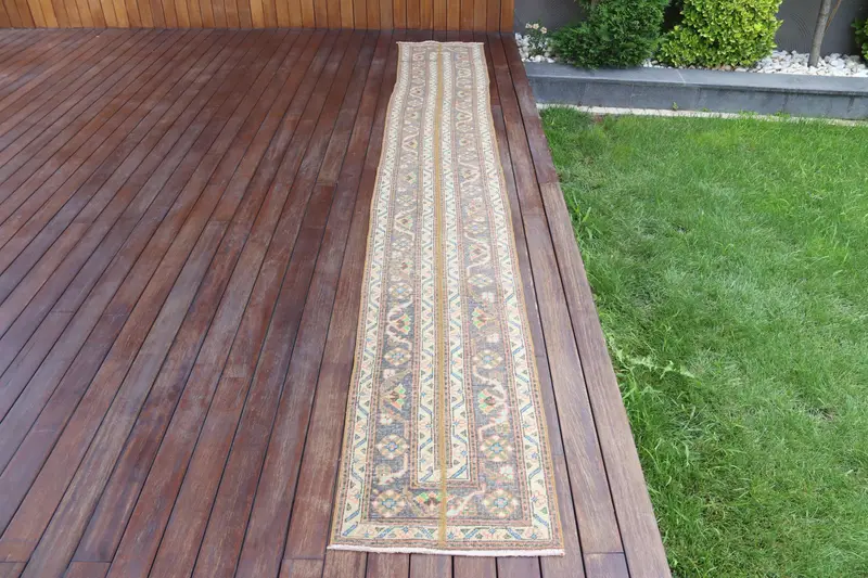 Vintage Turkish Rug, Runner 1.6x12.6 ft (50x385 cm) Rug, Brown Ombré Wool Rug - 1