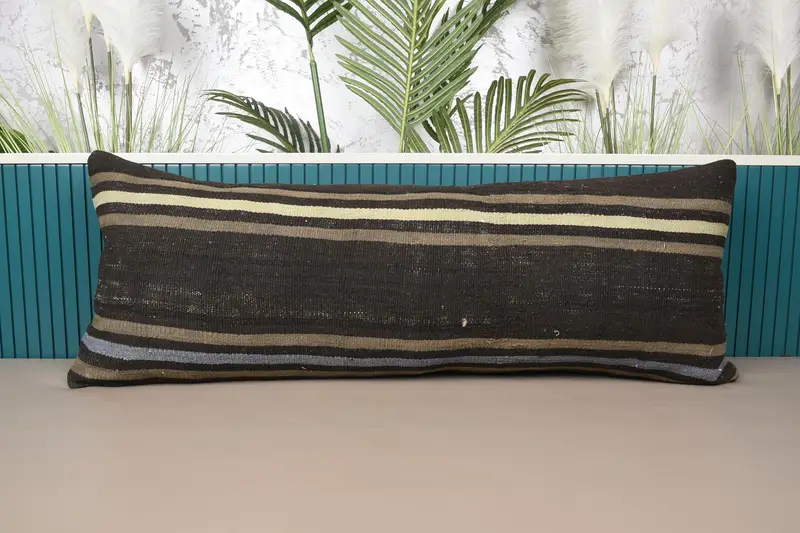 Gesticktes braun-beige gestreiftes Kissen, 16x42 handgemachtes Wurfkissen