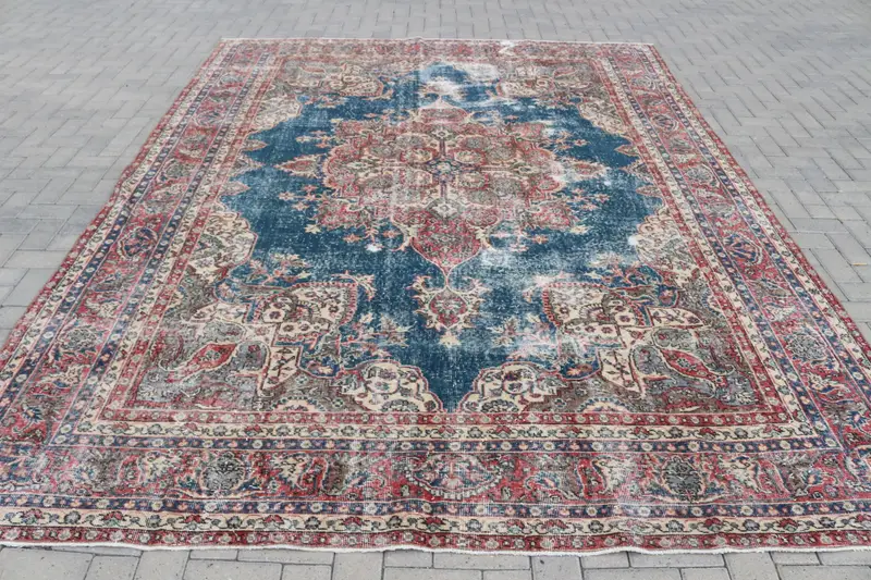 8.2x11 ft Vintage Büyük Boy Halı, Türk Mavisi Kareli Halı - 1