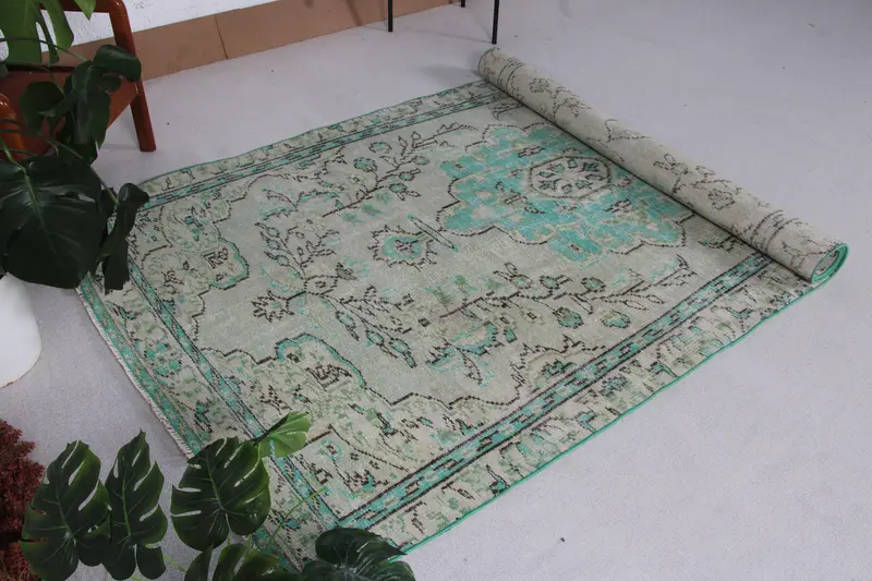 Vintage Halı, 4.8x9.5 ft Türk Halısı, Mavi Yeşil Çizgili Yün Halı - 1