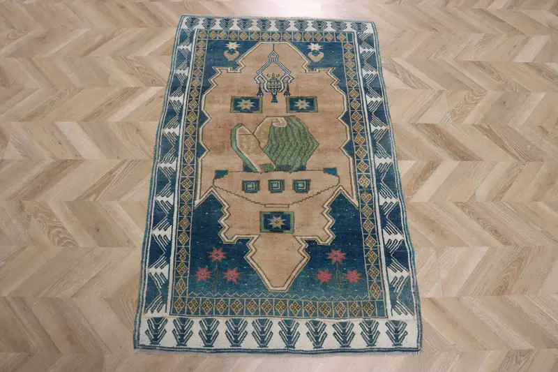 3.2x5.2 ft Vintage Rug, Turkish Accent Rug, Blue Brown Rug - 1