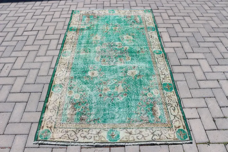 3.8x6.5 ft Area Vintage Rug, Turkish Rug, Green Brown Ombré Wool Rug - 1