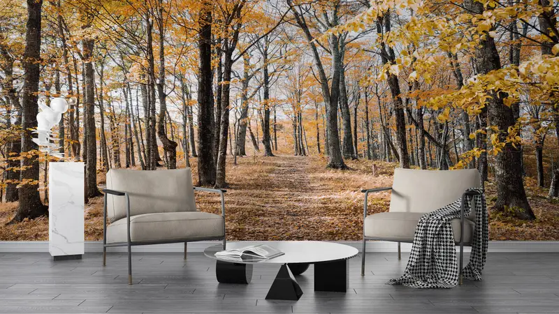 Tree Wall Painting, Forest View Wallpaper, Landscape Wallpaper, Forest Wall Painting, View Wall Mural, Autumn Leaves Wall Painting, - 6
