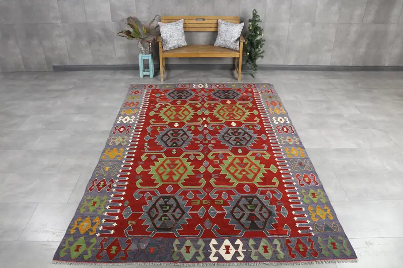 Türk 7x10.6 ft Halı, Büyük Boy Vintage Halı, Kırmızı Yeşil Hayvan Baskı Yün Halı - 1