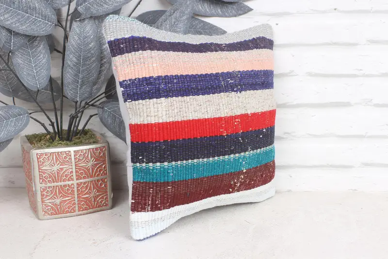 Pillow, Turkish Kilim Pillow, Kilim Pillow Cover, Art Deco Cushion Case, Vintage Kilim Throw Pillow, Bed Cushion, 12x12 Blue Pillow Cover - 4