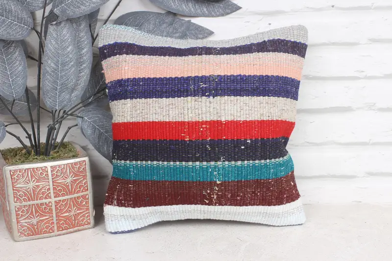 Pillow, Turkish Kilim Pillow, Kilim Pillow Cover, Art Deco Cushion Case, Vintage Kilim Throw Pillow, Bed Cushion, 12x12 Blue Pillow Cover - 1