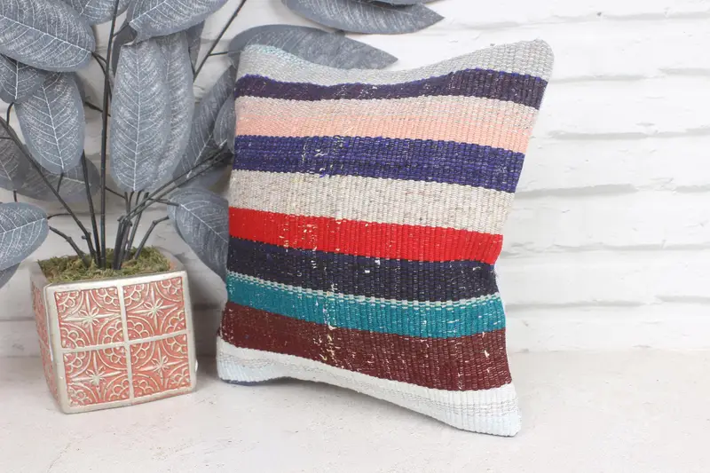 Pillow, Turkish Kilim Pillow, Kilim Pillow Cover, Art Deco Cushion Case, Vintage Kilim Throw Pillow, Bed Cushion, 12x12 Blue Pillow Cover - 3