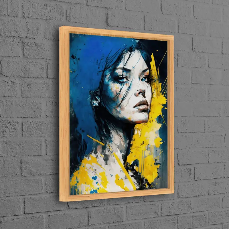 Moderno lienzo abstracto amarillo y azul para decoración de habitación de niña