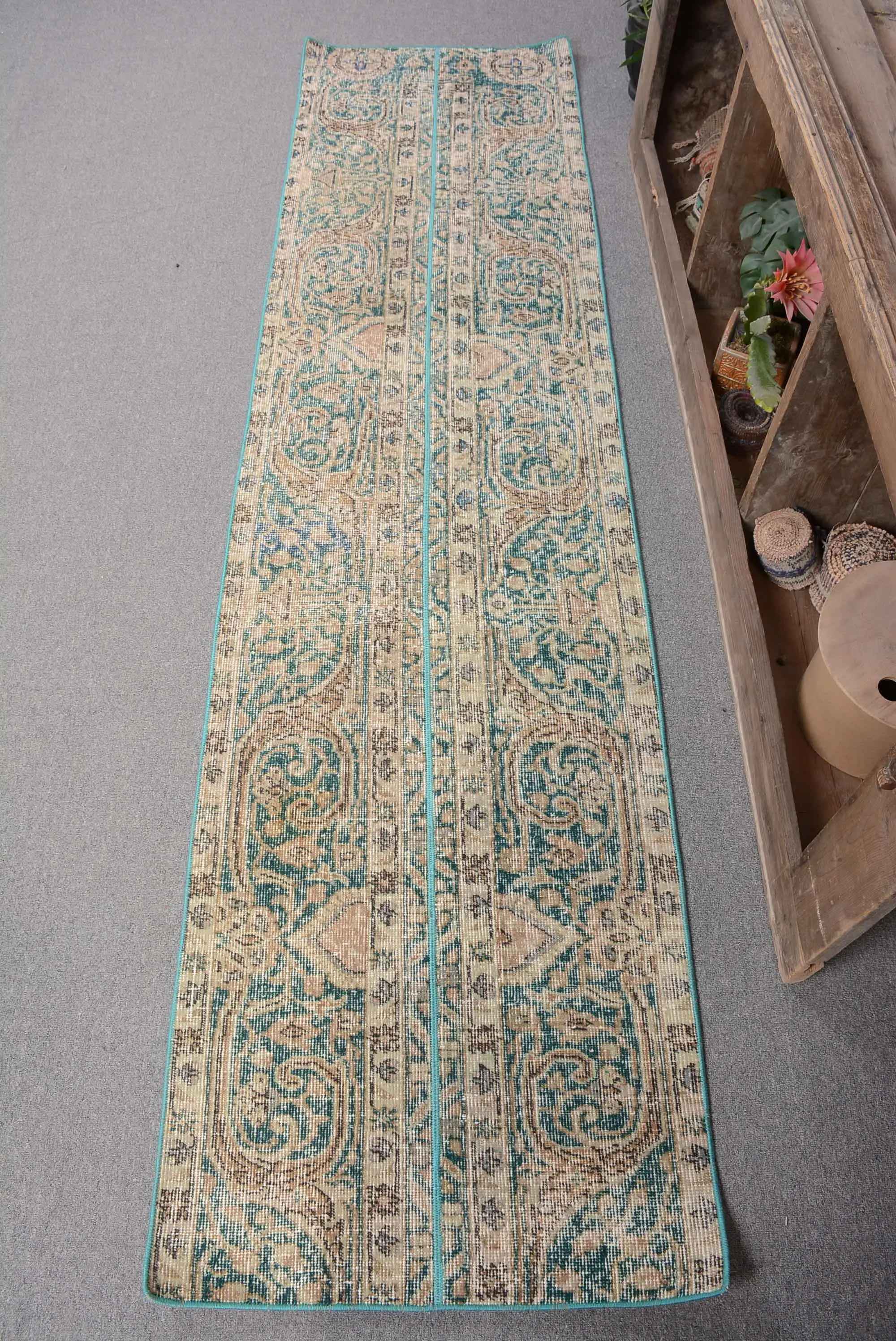 Turkish Vintage Rug 2.1x8.4 ft (65x256 cm), Blue Floral Rug - 1