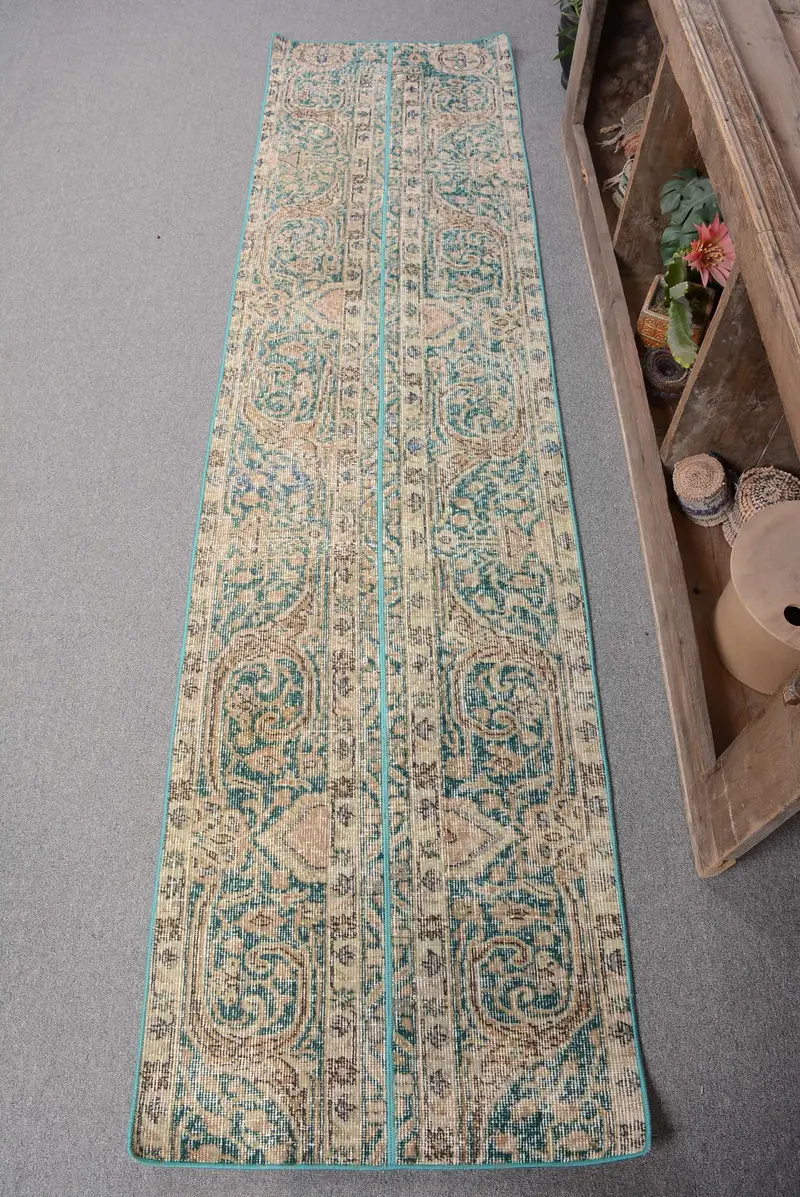 Eleganter Teppich in Grün und Beige, 6,5 x 2,4 m, geometrisches Blumenmuster