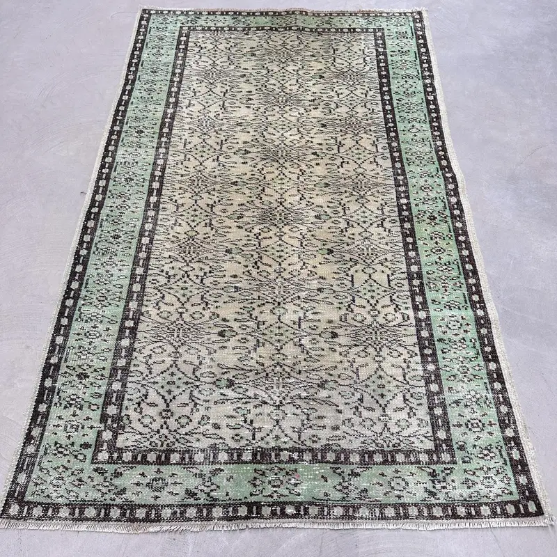 Elegant Green & Brown Rug, 4,3x7,2 ft Geometric Floral