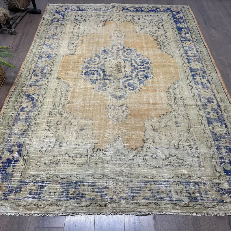 Turuncu ve Mavi Soyut Halı, 7,1x10,2 ft Şık Dekor