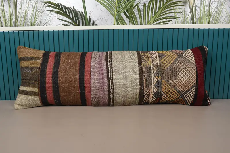 Braunes und rotes Patchwork-Wurfkissen, 12x36 handgefertigtes Kissen