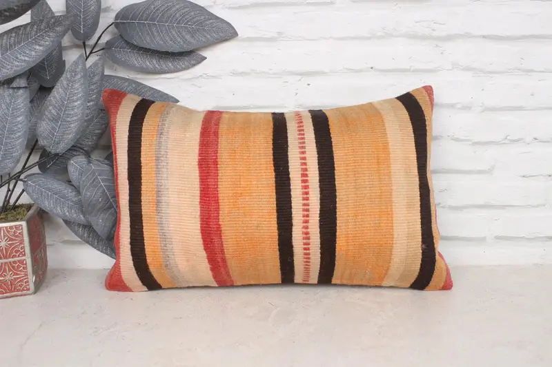 Turkish Pillow, Pillow Case, Luxury Pillow Cover, Kilim Cushion Sham, 12x20 Orange Pillow, Ethnical Kilim Rug Pillow, Anatolian Pillow Cover - 1