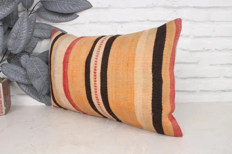 Turkish Pillow, Pillow Case, Luxury Pillow Cover, Kilim Cushion Sham, 12x20 Orange Pillow, Ethnical Kilim Rug Pillow, Anatolian Pillow Cover - 4