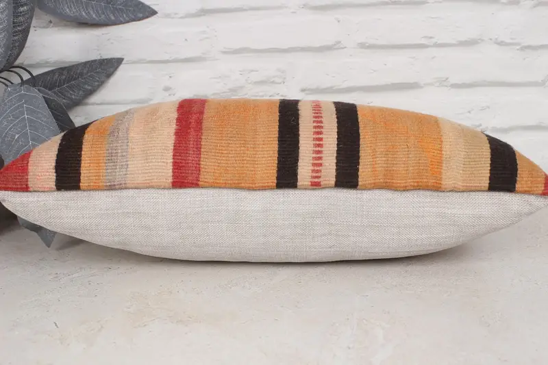 Turkish Pillow, Pillow Case, Luxury Pillow Cover, Kilim Cushion Sham, 12x20 Orange Pillow, Ethnical Kilim Rug Pillow, Anatolian Pillow Cover - 5
