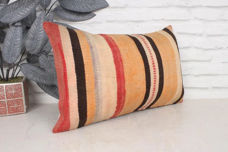 Turkish Pillow, Pillow Case, Luxury Pillow Cover, Kilim Cushion Sham, 12x20 Orange Pillow, Ethnical Kilim Rug Pillow, Anatolian Pillow Cover - 3