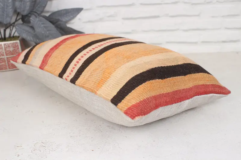 Turkish Pillow, Pillow Case, Luxury Pillow Cover, Kilim Cushion Sham, 12x20 Orange Pillow, Ethnical Kilim Rug Pillow, Anatolian Pillow Cover - 6